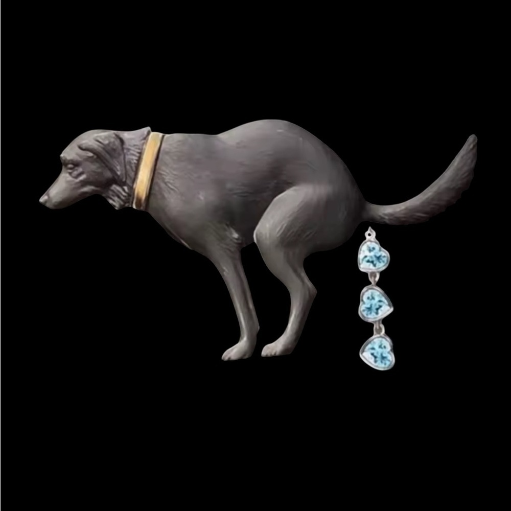 Fun Gray Dog‎ Figurine with Gold Collar Doing His Business